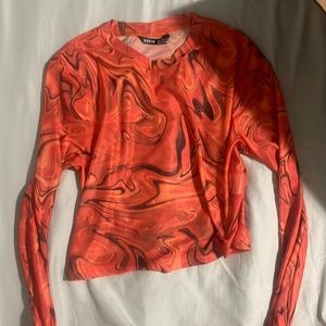 orange marble print long sleeve mesh crop top